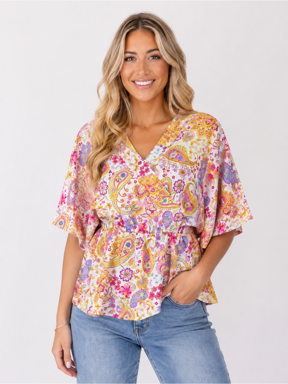 099 New Emily Wonder Pink Paisley V-Neck Peplum Top